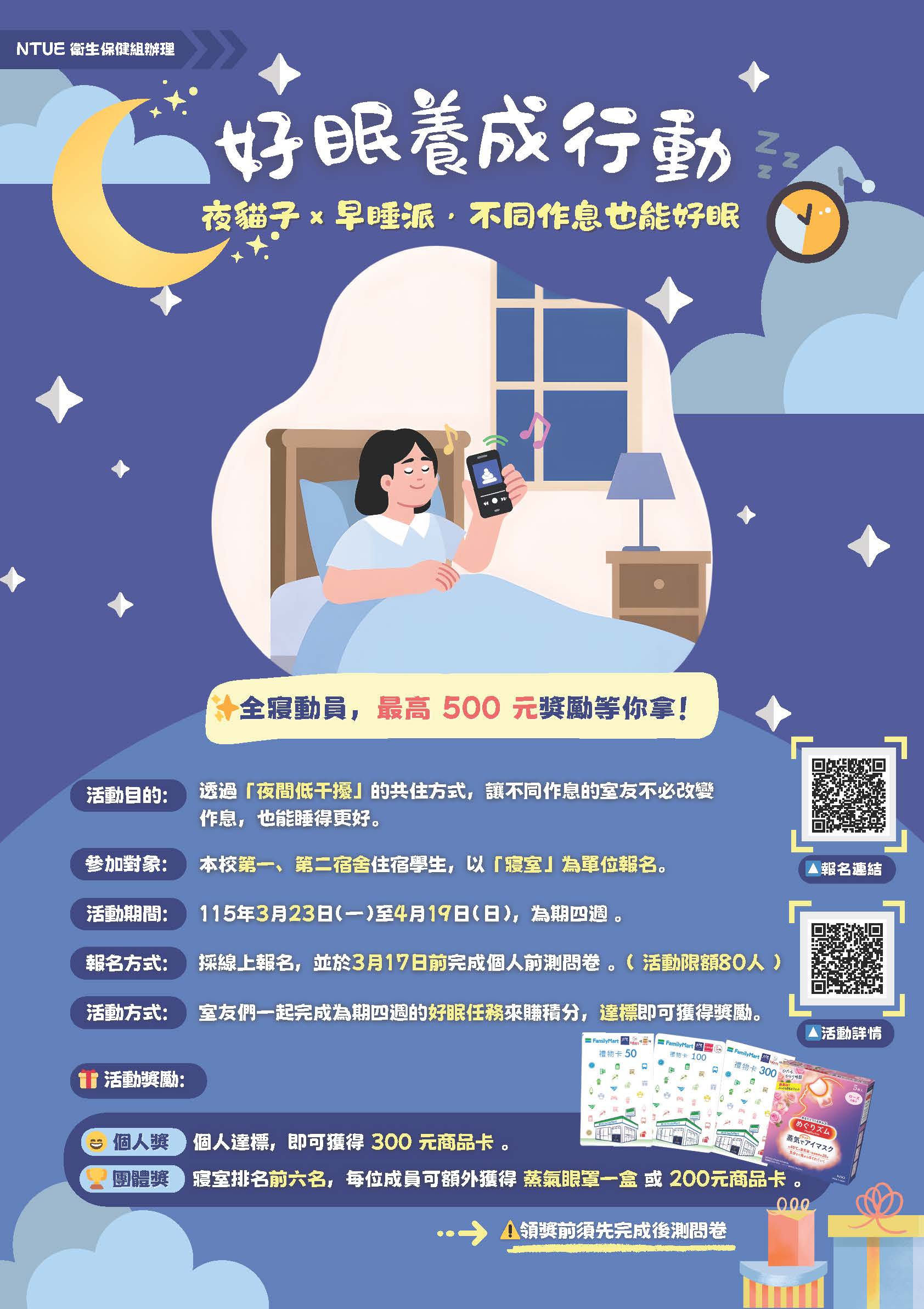 好眠養成行動，完成任務，最高可得 500 元獎勵 個人獎：個人總分達 15 分（含）以上，可獲得 300 元商品卡  團體獎（寢室）：依寢室平均分數排名，表現優良寢室  每位成員可獲 200 元商品卡 或 蒸氣眼罩一盒