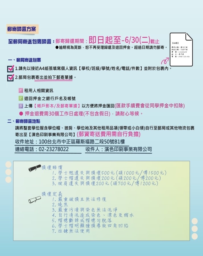 學位服郵寄歸還資訊
