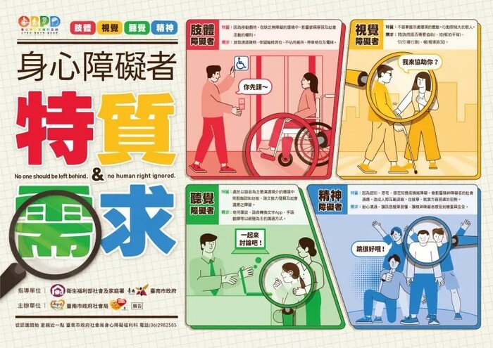 身心障礙者的特質與需求宣傳海報(來源：台南市政府社會局)圖片